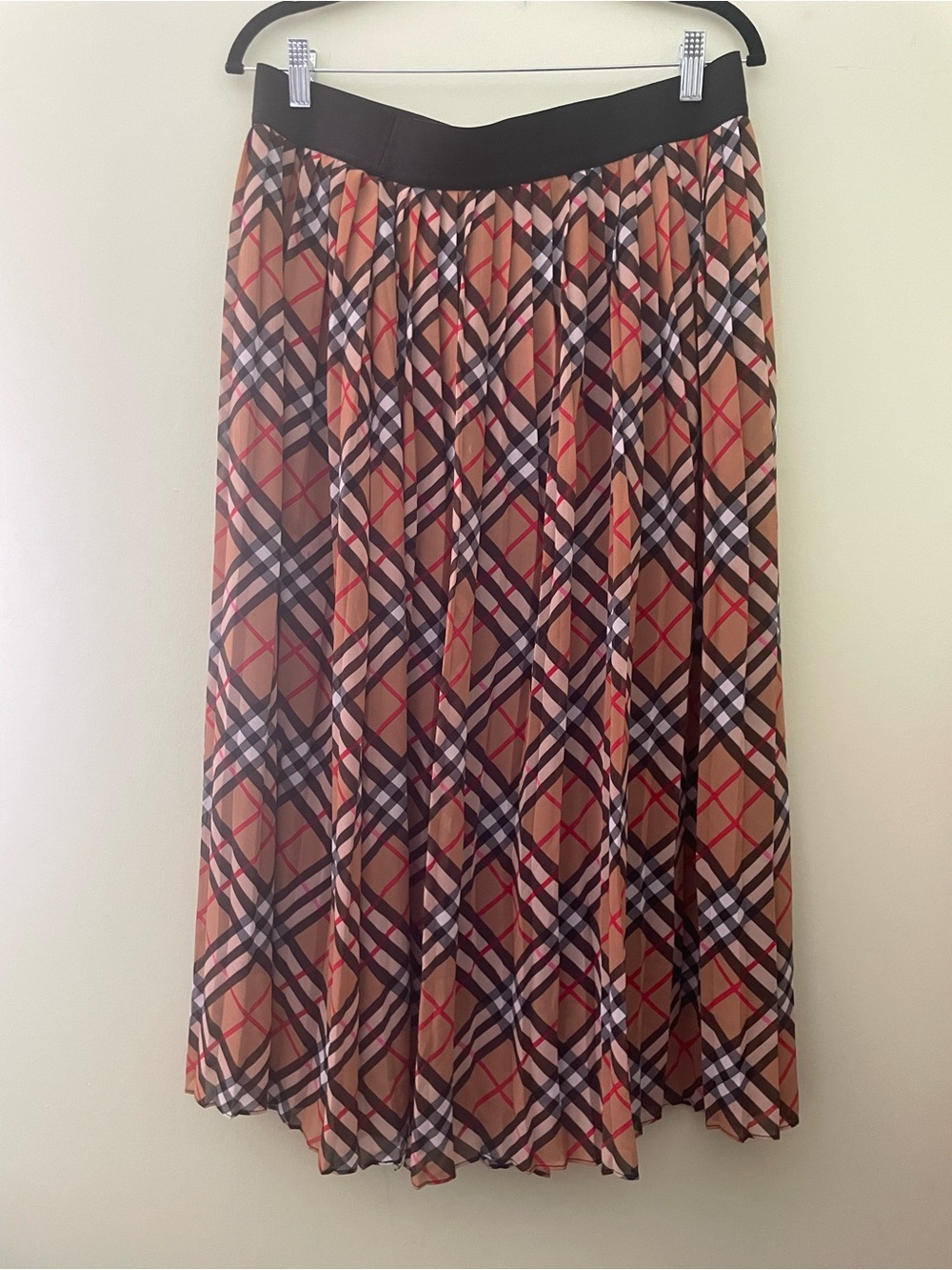 cleo Plaid Pleated Midi Skirt in Tan, Black and Red